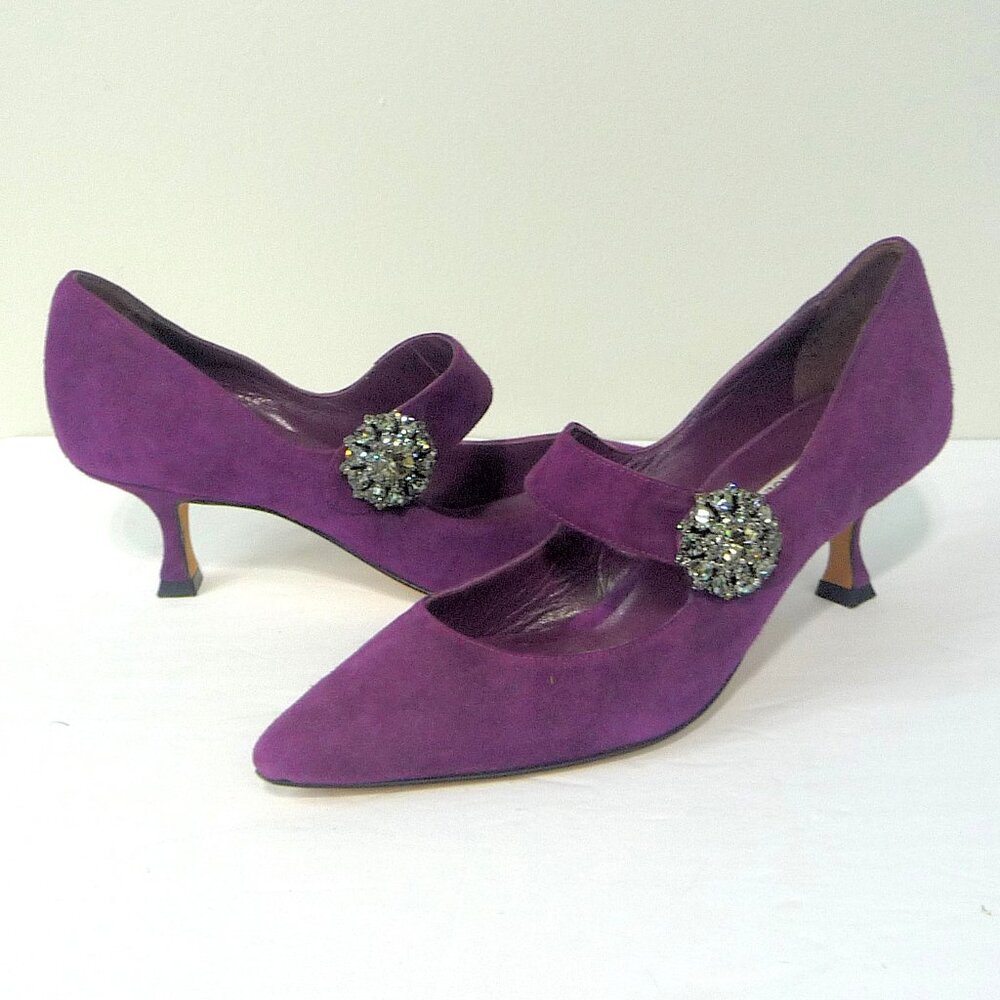 Manolo Blahnik Purple Suede Mary Jane Kitten Heels with Crystal Brooches